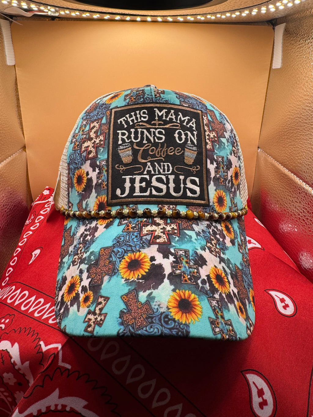 This mama runs on Coffee and Jesus Ponytail Trucker