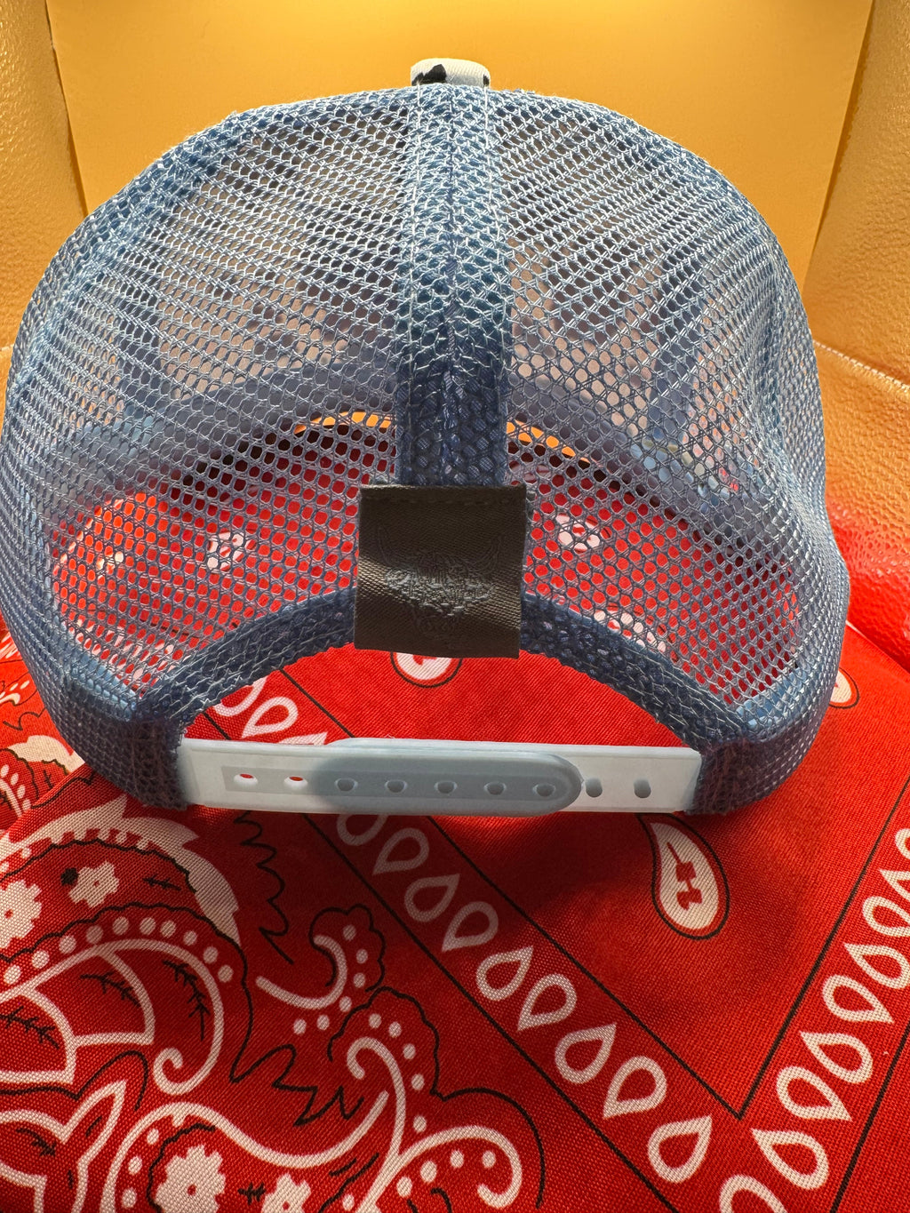Powder blue cow print trucker